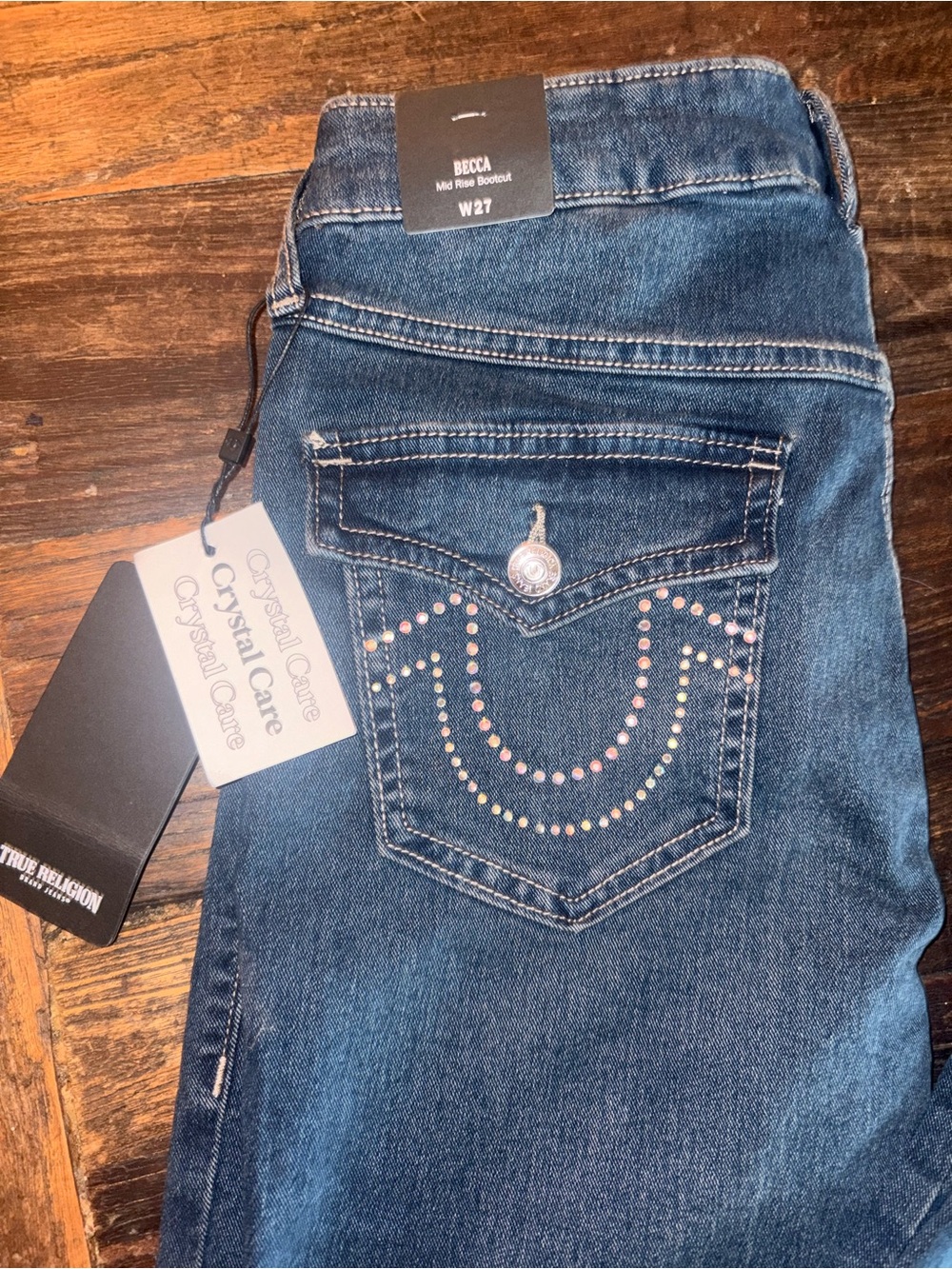 True Religion Becca Mid Rise Bootcut Jeans in Dark Blue with Crystal Accent